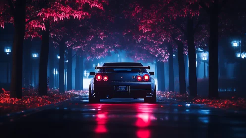 Midnight skyline drifter under neon blossom boulevard.