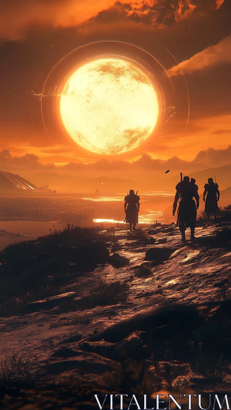 Three wanderers move toward a colossal glowing sun onshore