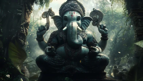 Ganesha stone statue sits in misty jungle temple ruins