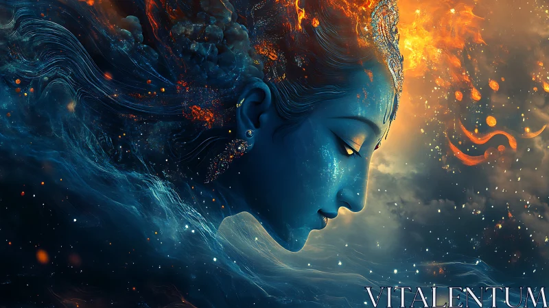 Celestial blue goddess drifts between cosmic fire and ocean calm