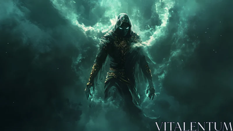 Mysterious hooded guardian emerging from glowing emerald mist.