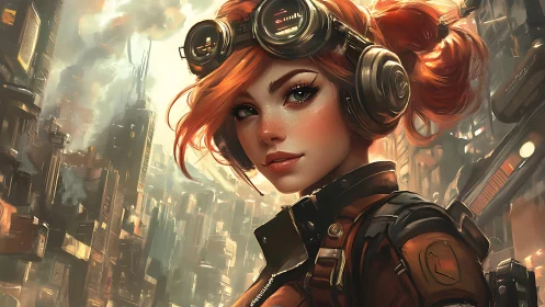 Red haired engineer in goggles stands in dense cyber city