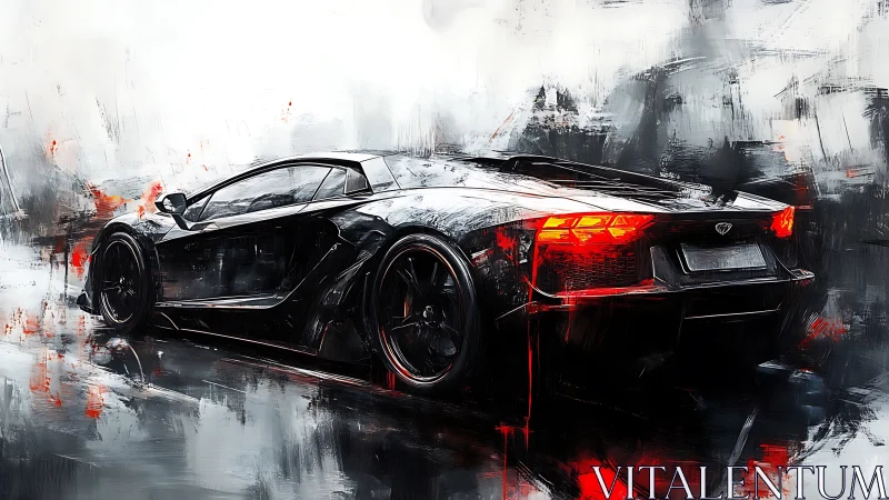 Aerodynamic black supercar in abstract kinetic rainscape.