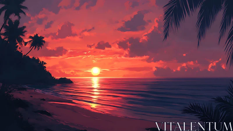 Vivid tropical beach sunset with palm silhouettes and calm sea.