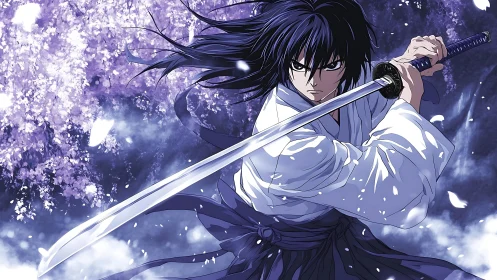 Swordsman holds drawn katana before violet floral backdrop