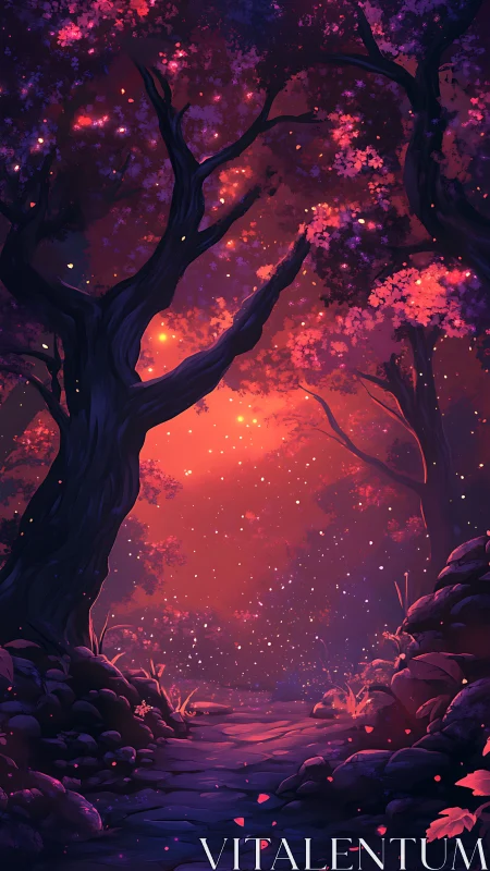 Bioluminescent Forest Landscape: Digital Painting with Luminous Foliage.