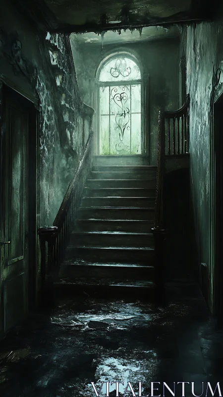 Haunted stairwell rises toward a cold, ghostly window glow