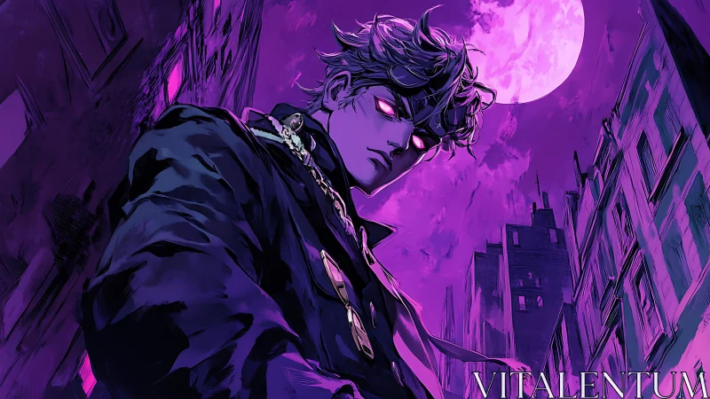Neon-eyed antihero under violet moonlit city sky.