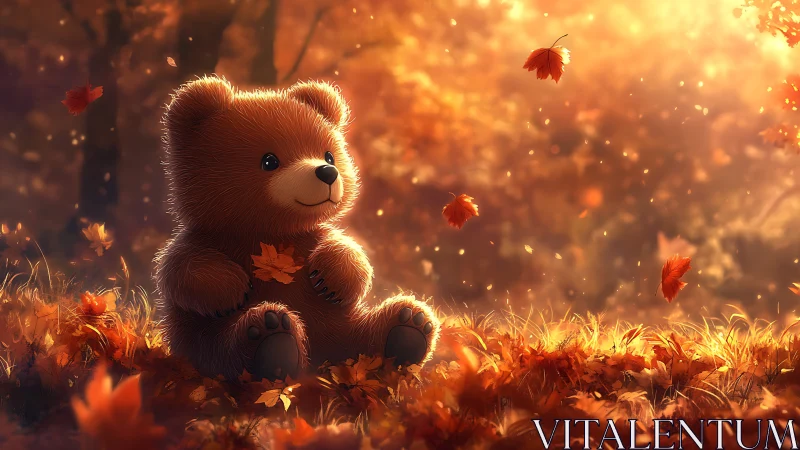 Cozy teddy bear enjoying gentle sunshine in autumn woods.