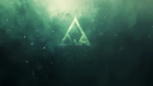 Glowing geometric triangle logo in dark green smoke field.
