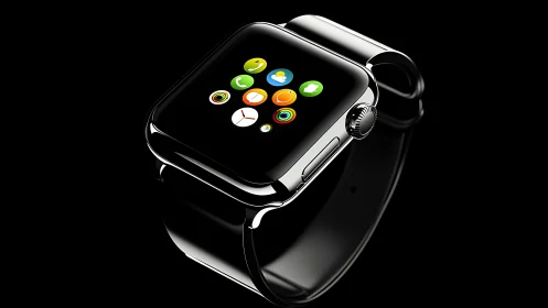 Smartwatch with glossy metal case is rendered on black background