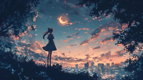 Anime twilight skyline with silhouetted girl in foreground framing.