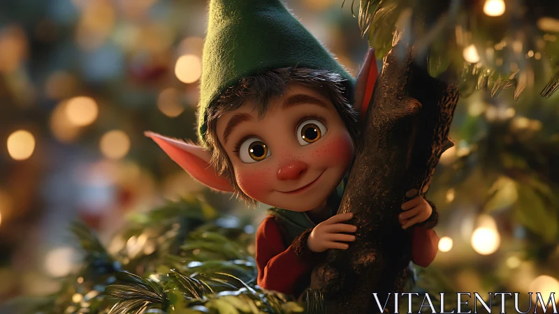 Playful Christmas elf peeks from a glowing festive tree