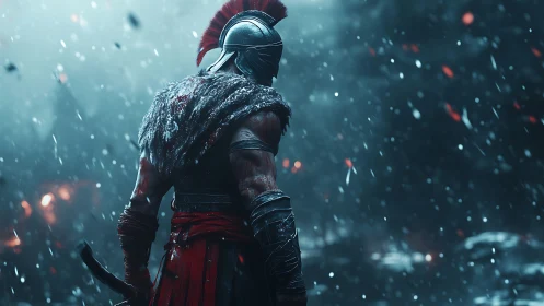 Armored warrior in snowfall on a dimly lit battlefield.