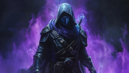 Hooded armored figure stands within dense violet smoke field