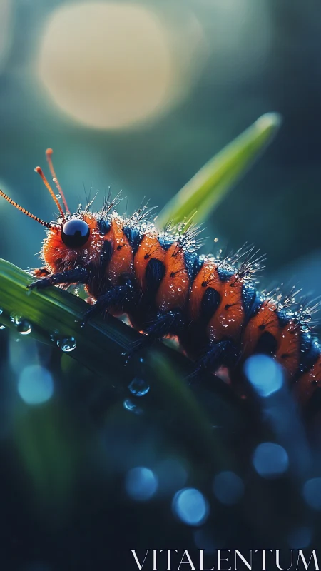 Glowing macro caterpillar reveals iridescent dew and fine setae