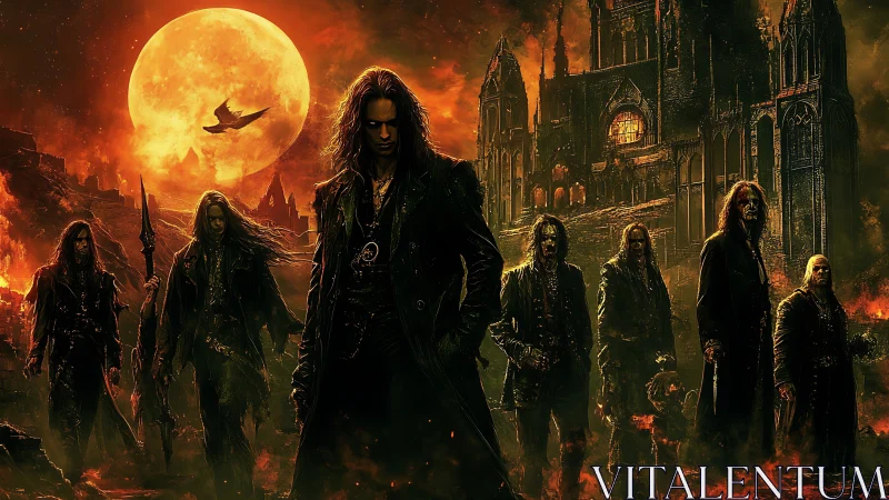 Dark-cloaked figures stand before burning gothic cathedral at moonrise