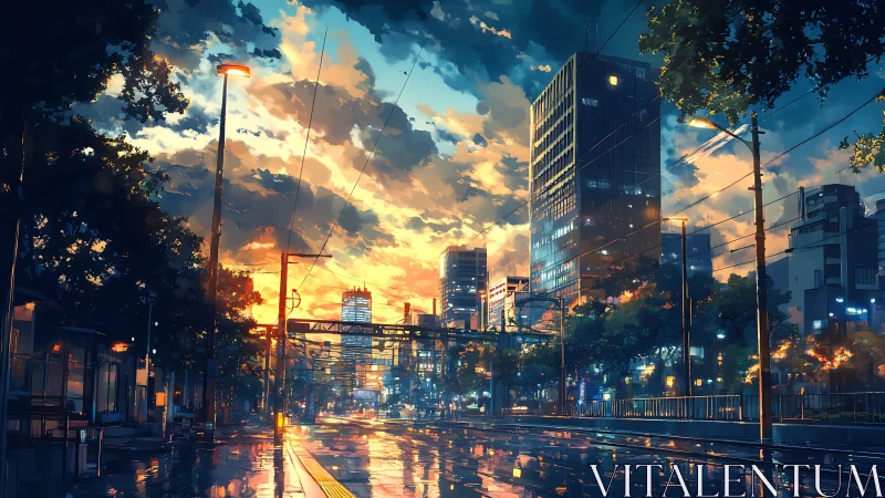 Rain kissed avenue under neon dusk-splashed clouds.