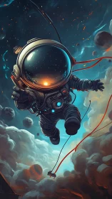 Extravehicular astronaut drifting amid nebulae and asteroids