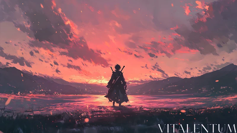 Solitary figure with swords observing a vivid sunset sky.