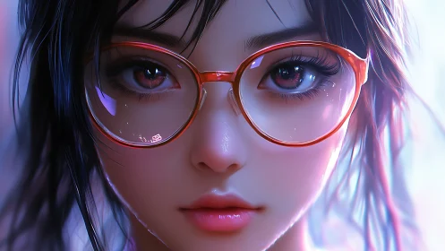 Close-up stylized girl with red glasses and reflective eyes