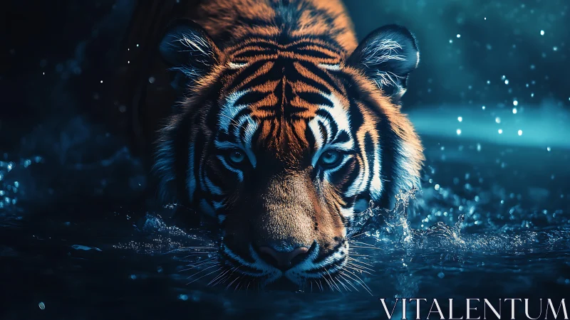 Blue-lit tiger stalking through rippling water at night.
