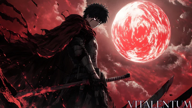 Dark swordsman under blood-red moon in dramatic anime composition.