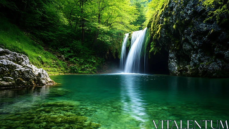 Emerald forest waterfall pool under bright spring canopy.