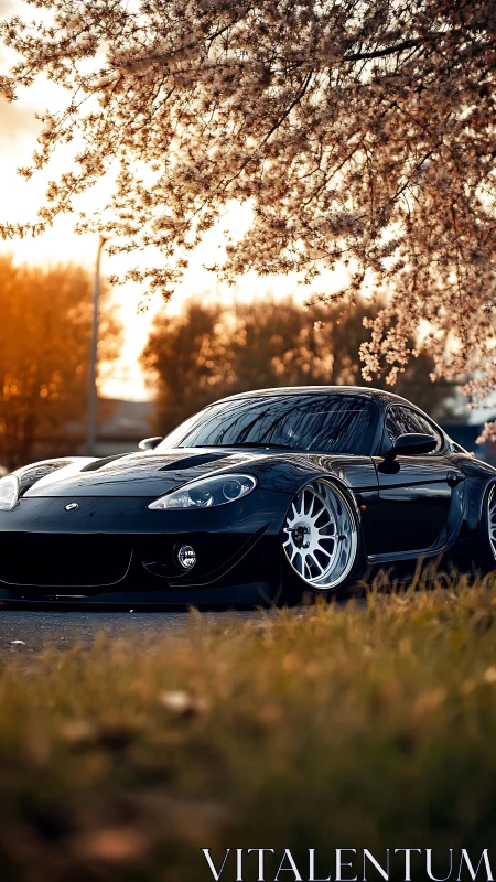 Black sports car parked under spring blossom tree at dusk.