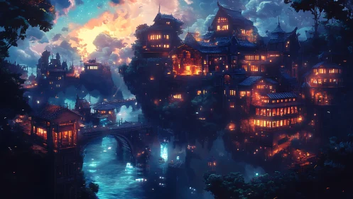 Lakeside fantasy village illuminated at dusk and night.