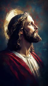 Sacred profile portrait with luminous halo and rich impasto color.