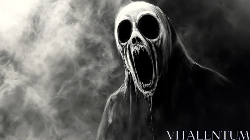 Monochrome spectral figure with elongated skull-like visage