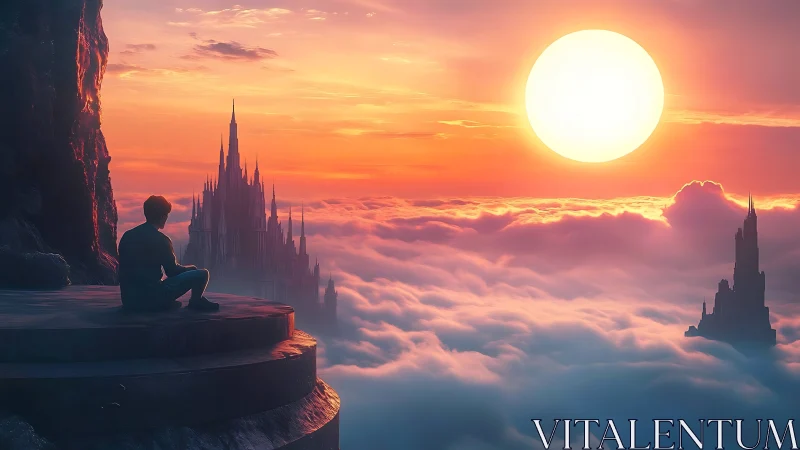 Solitary dreamer overlooks a sunrise kingdom above clouds