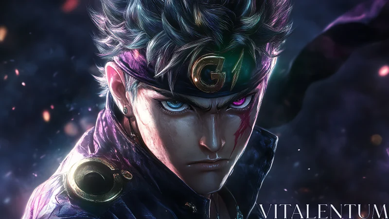 Brooding anime warrior glares through swirling neon embers