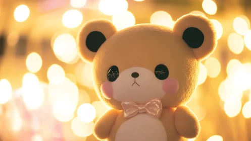 Plush bear figure with bow tie against defocused lights.
