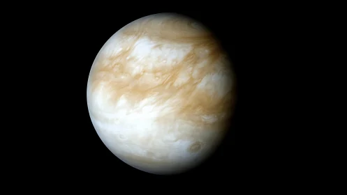 Venusian cloud seas swirl in soft amber planetary twilight.