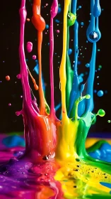 Exploding rainbow paint splashes erupt against deep black