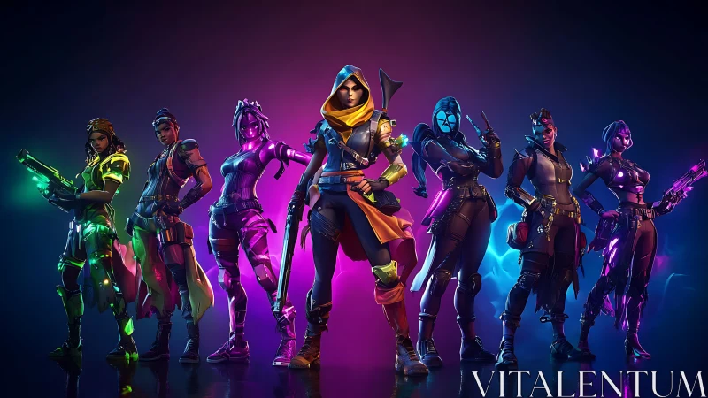 Team of neon-lit futuristic warriors in dramatic lineup.