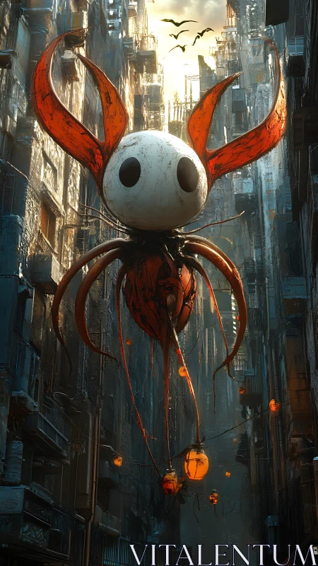 Ghost lantern sentinel drifts through rusted city canyons.