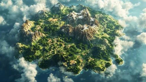 Floating Island with Alpine Peaks and Green Valleys