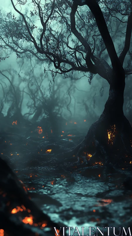 Burned forest floor with glowing embers beneath dark trees.