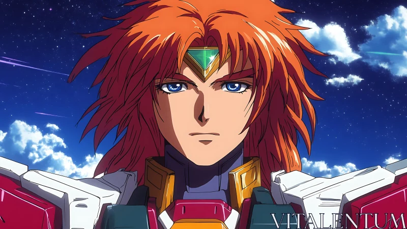 Red haired anime pilot in powered armor under night sky.