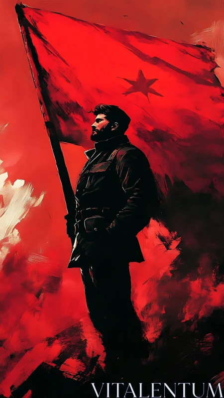 Revolutionary figure holding large red star flag in wind.