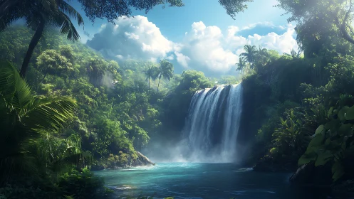Sunlit jungle waterfall welcoming you into calm wonder.