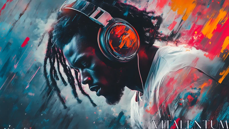 Digital portrait of man with headphones in neon colors.