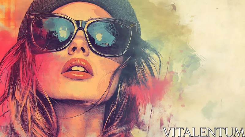 Stylized portrait of woman in sunglasses on abstract ground.