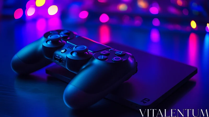 Game controller on console under neon blue and purple light.