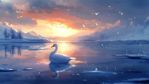 Graceful swan drifting through a glowing winter sunset.