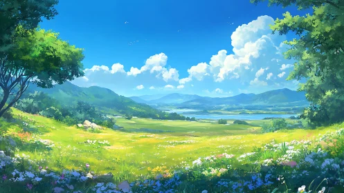 Sunlit valley meadow dreaming beneath towering summer clouds.