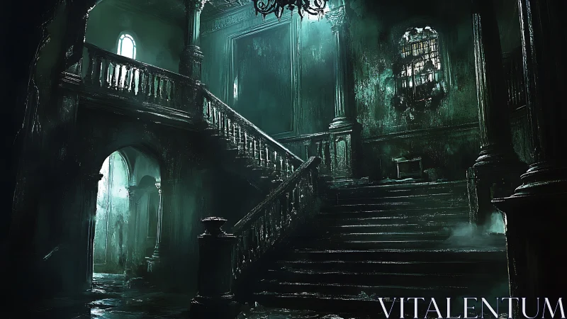 Gothic grand staircase in decayed mansion under eerie teal light